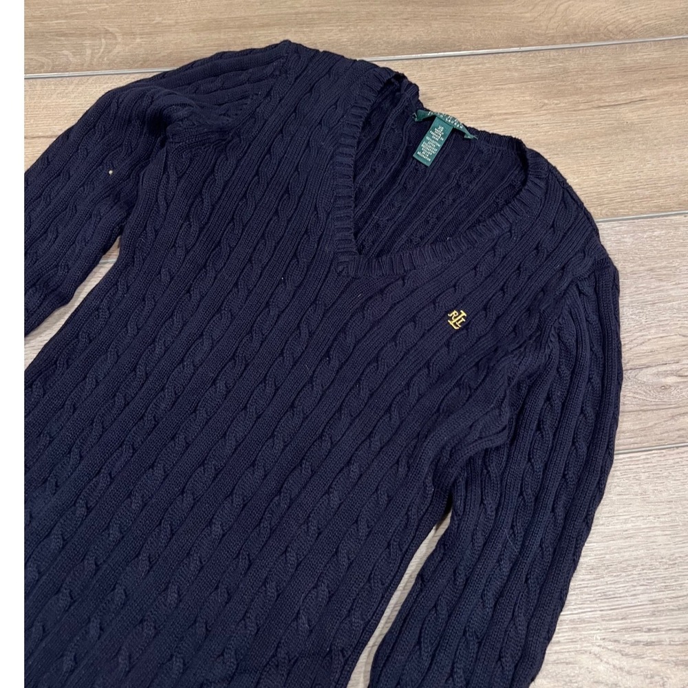 Lauren Ralph Lauren Navy Blue Cable Knit V-Neck Cotton Sweater XS Gold Logo